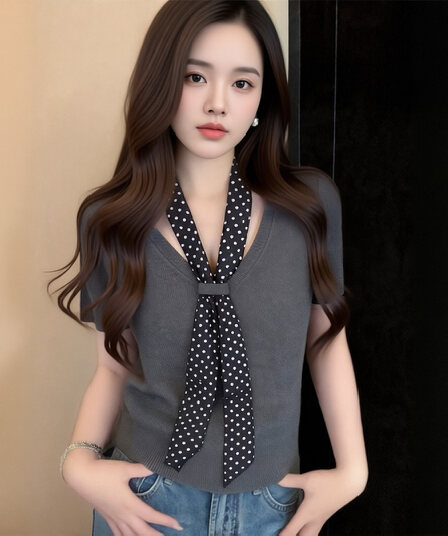 회색 긍정적 인 어깨 반팔 티셔츠 여성 2026 여름 새로운 디자인 센스 리본 스카프 출퇴근 라운드 넥 슬림해 보이는 맨위