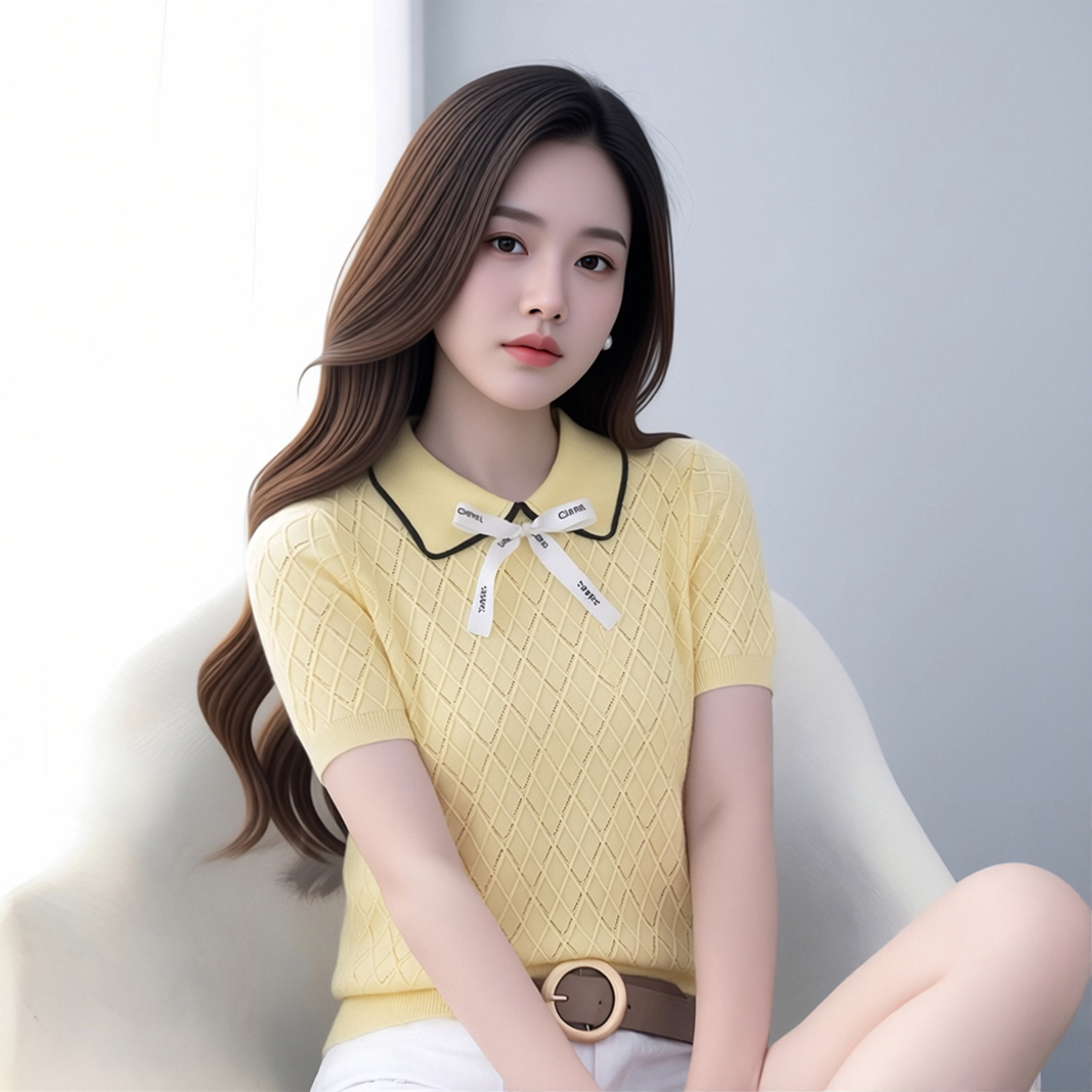 한 부서 배색 POLO 칼라 니트 반팔 여성 여름 품격 패션 학원 스타일 나비 매듭 연령 감소 맨위
