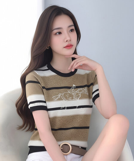 2026 여름 새로운 배색 스트라이프 니트 반팔 여성 말 프린트 라운드 넥 다용도 슬림해 보이는