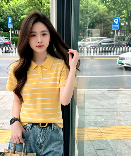 패션 폴로 칼라 스트라이프 패치워크 반팔 니트 스웨터 여성 2026 여름 새로운 세련된 연령 감소 다용도 품격 작은 셔츠