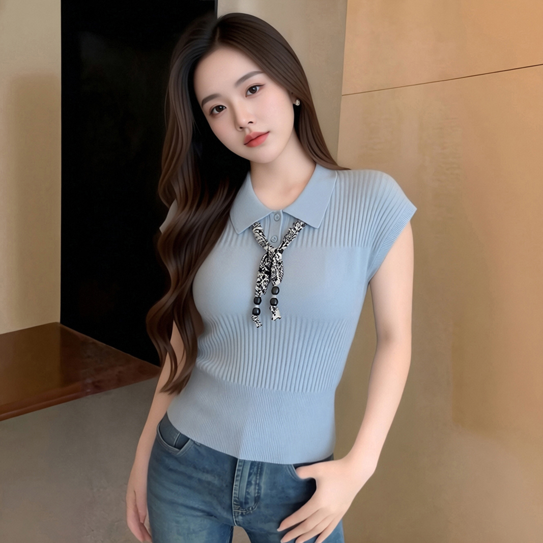 POLO 칼라 파란색 얼음 실크 니트 반팔 티셔츠 여성 2026 여름 새로운 레이스업 Feifei 소매 맨위