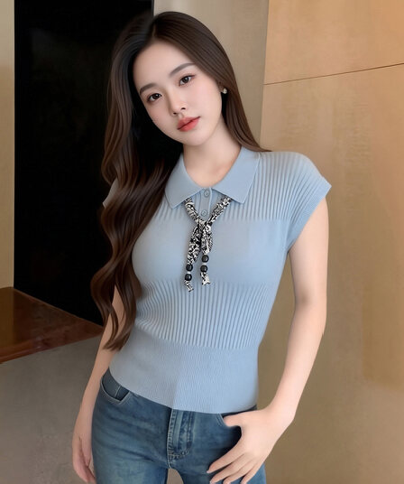 POLO 칼라 파란색 얼음 실크 니트 반팔 티셔츠 여성 2026 여름 새로운 레이스업 Feifei 소매 맨위