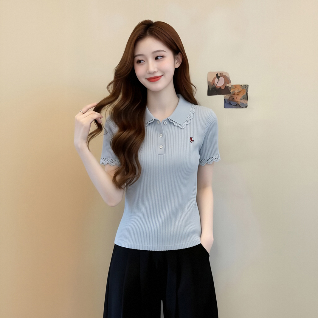 한 부서 레이스 조각 반팔 POLO 칼라 부드러운 바람 여성 2026 여름 새로운 부드러운 연령 감소 티셔츠 맨위