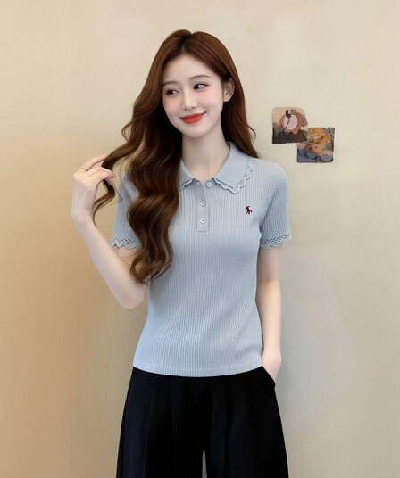 한 부서 레이스 조각 반팔 POLO 칼라 부드러운 바람 여성 2026 여름 새로운 부드러운 연령 감소 티셔츠 맨위