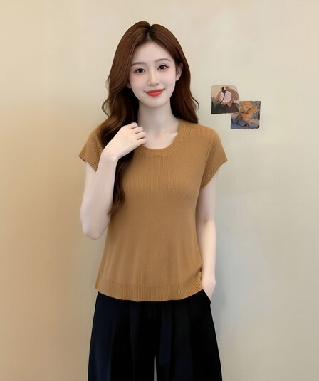 한 부서 디자인 센스 뒤로 홀로우 아웃 반팔 니트 스웨터 여성 2026 여름 새로운 외국 가스 연령 감소 Chic 맨위 트렌디