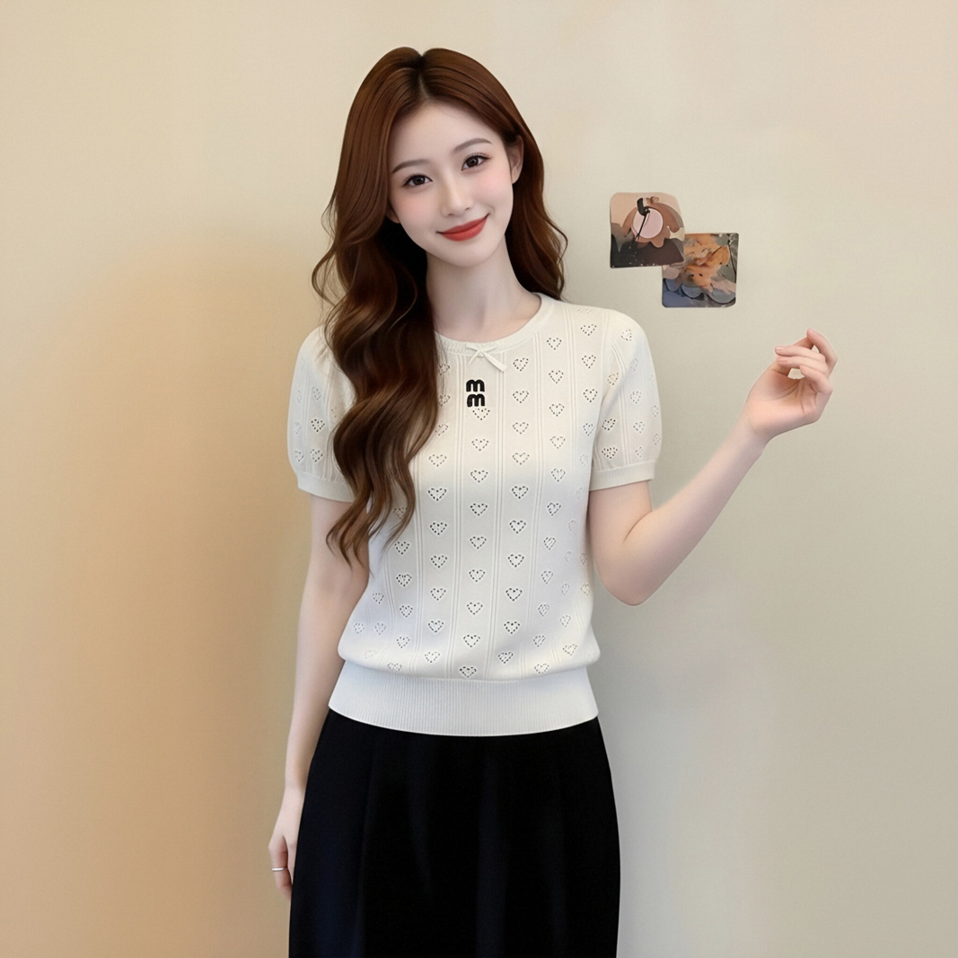 프랑스식 디자인 센스 하트 홀로우 아웃 니트 스웨터 티셔츠 여성 여름 섹션 나비 매듭 라운드 넥 화이트 맨위