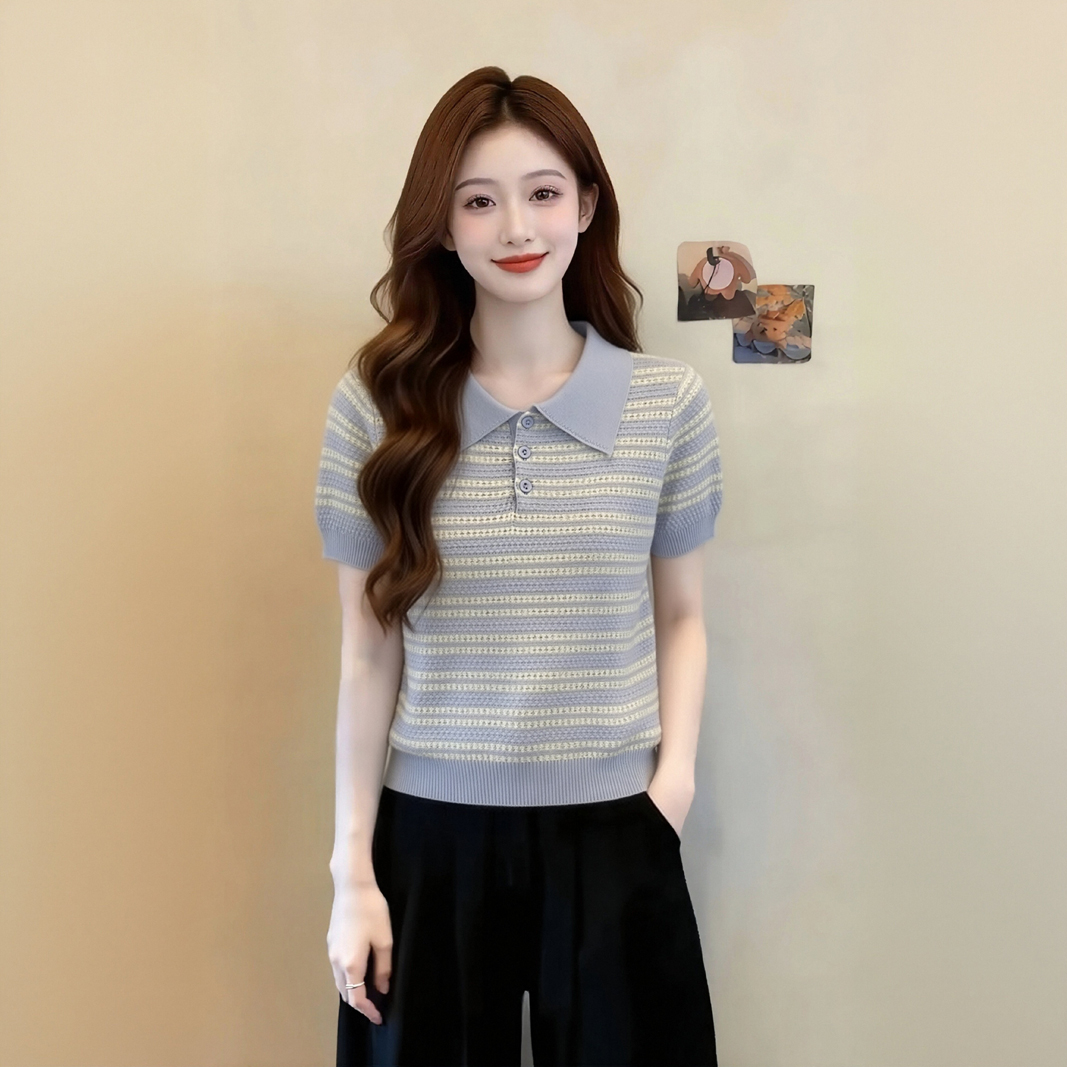 디자인 센스 배색 스트라이프 POLO 칼라 반팔 니트 스웨터 맨위