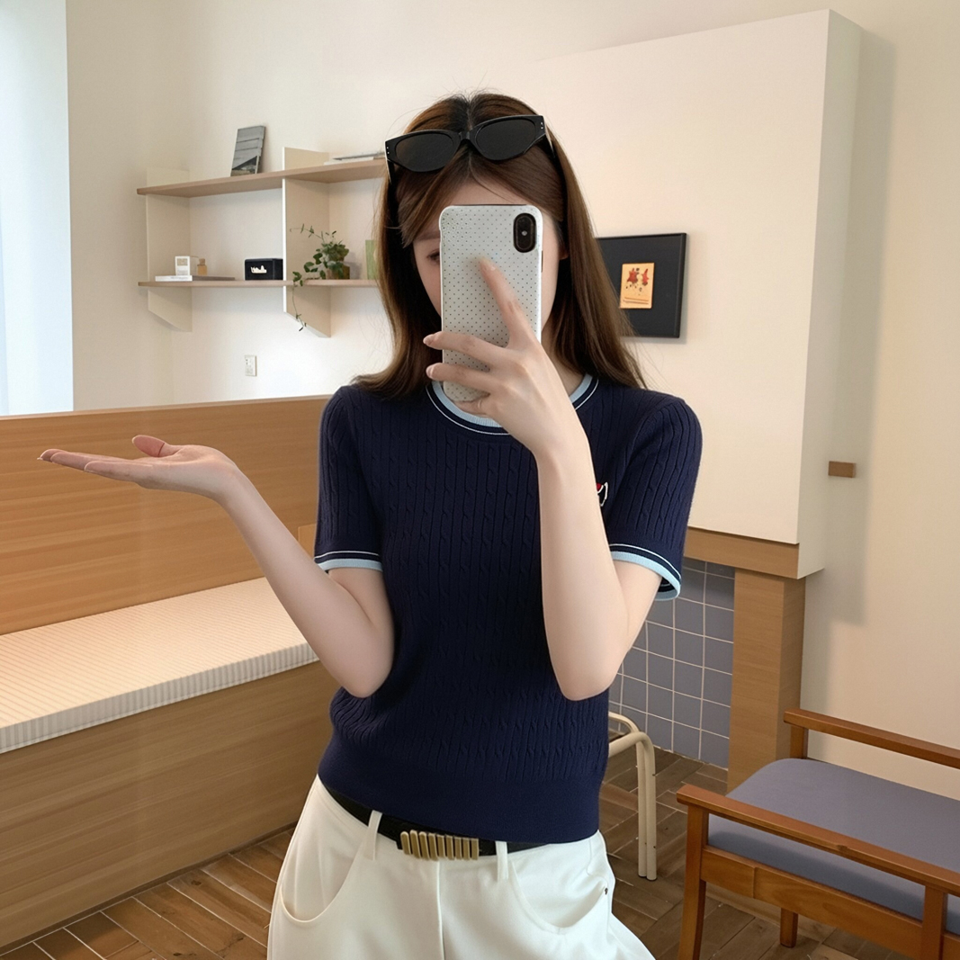한 부서 학원 스타일 화이트 자수 니트 반팔 티셔츠 여성 여름 디자인 센스 작은 대중 몸매 가꾸기 쇼트 스타일 맨위 얇은