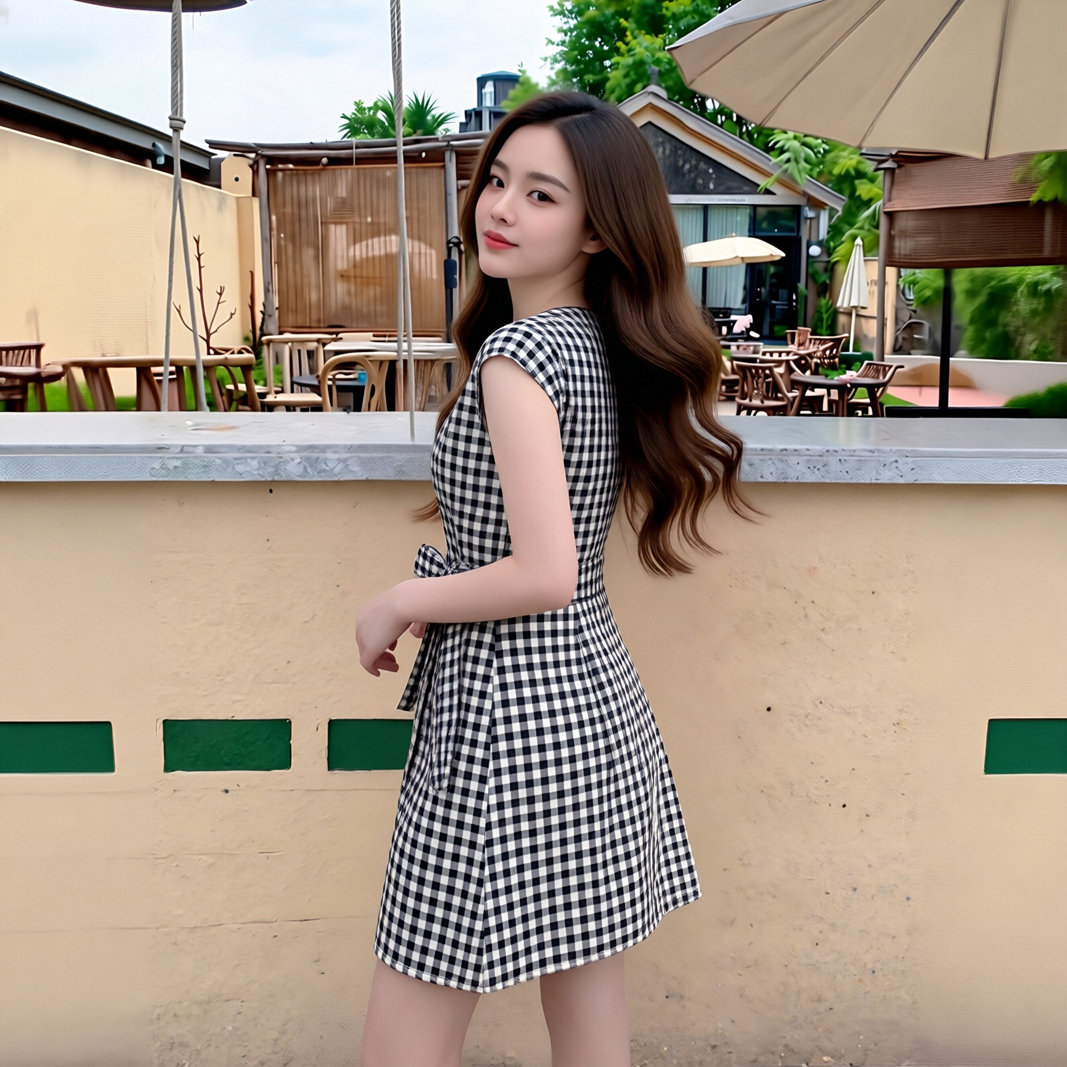 2026 자이언트 잘 생긴 품격 고급 센스 몸매 가꾸기 슬림해 보이는 프랑스식 레트로 흑인과 백인 체크무늬 드레스 아이들 작은 키