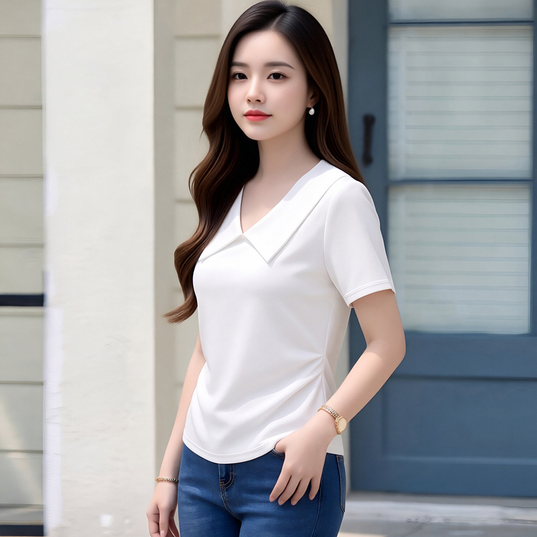 2026 여름 프랑스식 베이비 칼라 주름 반팔 티셔츠 여성 빅 사이즈 지방 mm 미니멀리즘 허리 수축 몸매 가꾸기 슬림해 보이는 맨위