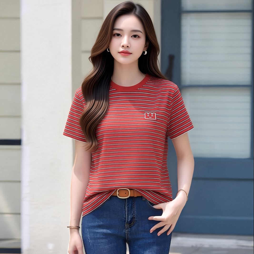 일본식 조수 브랜드 레트로 항구 바람 빨간색 스트라이프 반팔 티셔츠 여성 여름 자수 학원 스타일 느긋한 루즈핏 맨위