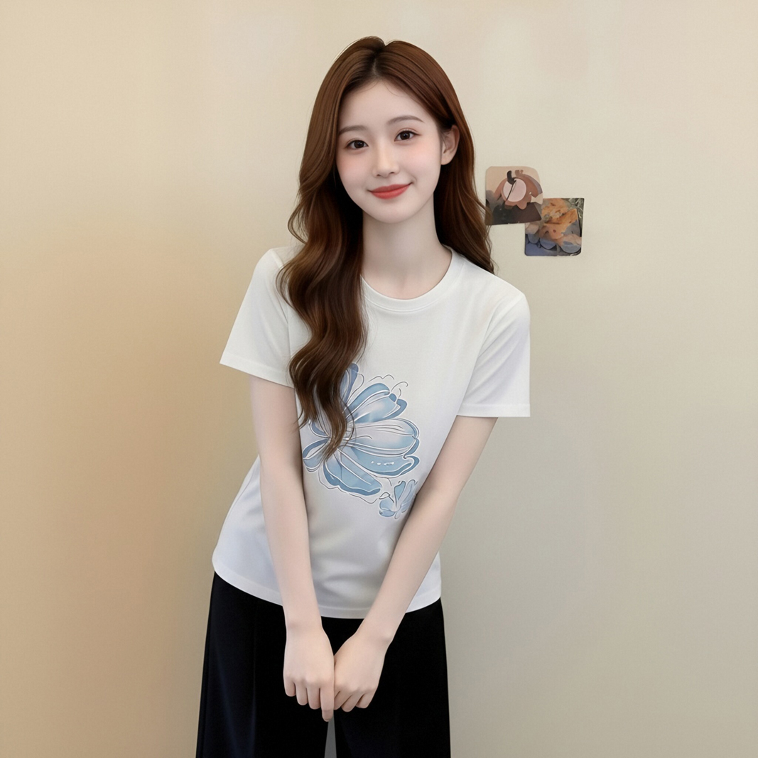 여름 새로운 꽃 프린트 긍정적 인 어깨 반팔 티셔츠 여성 한국 스타일 순수한 욕망 바람 몸매 가꾸기 슬림해 보이는 라운드 넥 핫걸 맨위