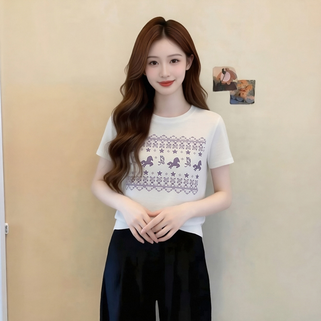 국가 트렌디 아메리칸 긍정적 인 어깨 반팔 티셔츠 여성 여름 착용 가져 가라. 작은 말 프린트 화이트 tee 몸매 가꾸기 슬림해 보이는 순면 맨위