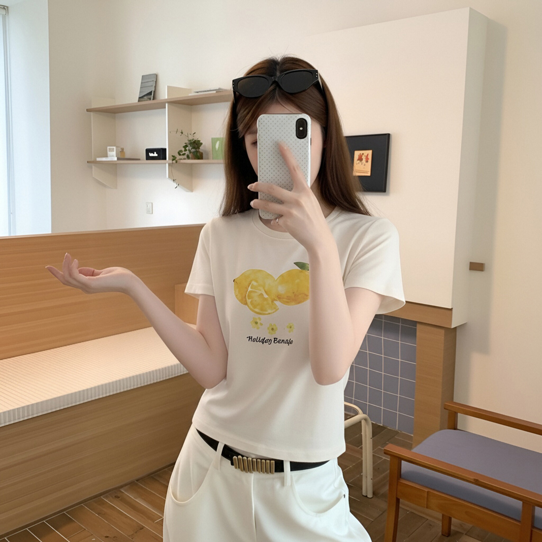 한 부서 화이트 프린트 라운드 넥 긍정적 인 어깨 반팔 티셔츠 여성 여름 새로운 작은 키 쇼트 스타일 다용도 몸매 가꾸기 맨위
