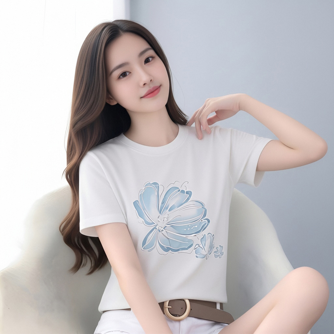 여름 새로운 꽃 프린트 긍정적 인 어깨 반팔 티셔츠 여성 한국 스타일 순수한 욕망 바람 몸매 가꾸기 슬림해 보이는 라운드 넥 핫걸 맨위