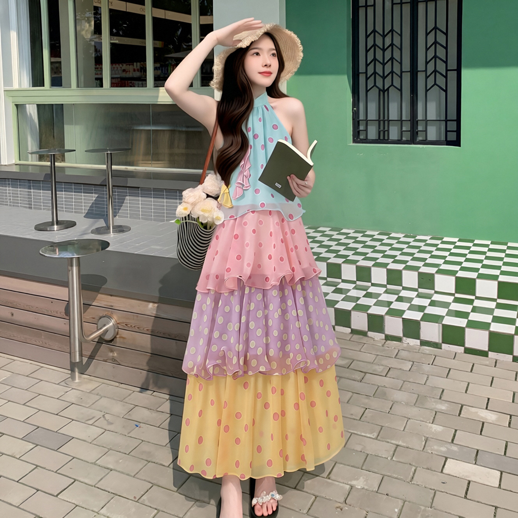 프랑스식 달콤함 휴가 바람 무지개 사탕 색상 도트 무늬 행침 목 여성 드레스 여름 새로운 프릴 케이크 드레스