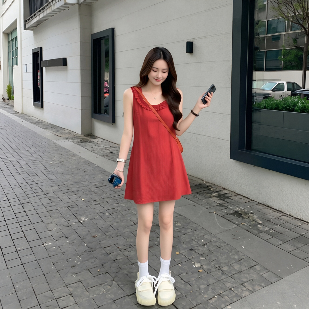 도파민 빨간색 꽃잎 칼라 민소매 여성 드레스 2026 여름 새로운 품격 슬림해 보이는 한 마디 조끼 스커트 트렌디