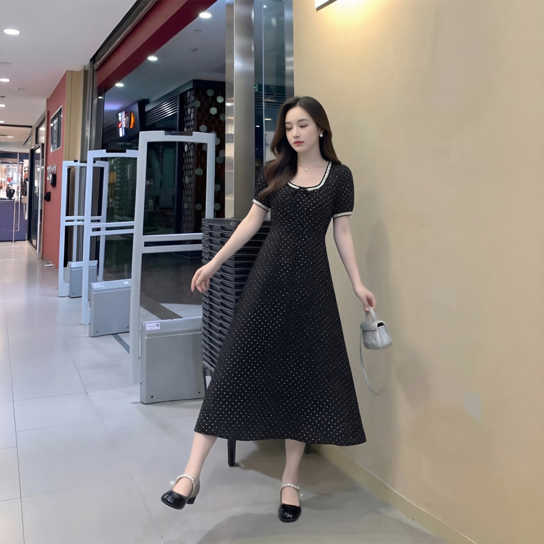 새로운 빅 사이즈 도트 무늬 드레스 허리 수축 품격 롱 스커트 여름 다용도 슬림해 보이는 A라인 스커트 루즈핏 치마