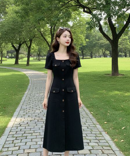 빅 사이즈 지방 mm 루즈핏 표지 배 드레스 여름 프랑스식 광장 칼라 작은 검은 드레스 대양 품격 중간 길이 치마