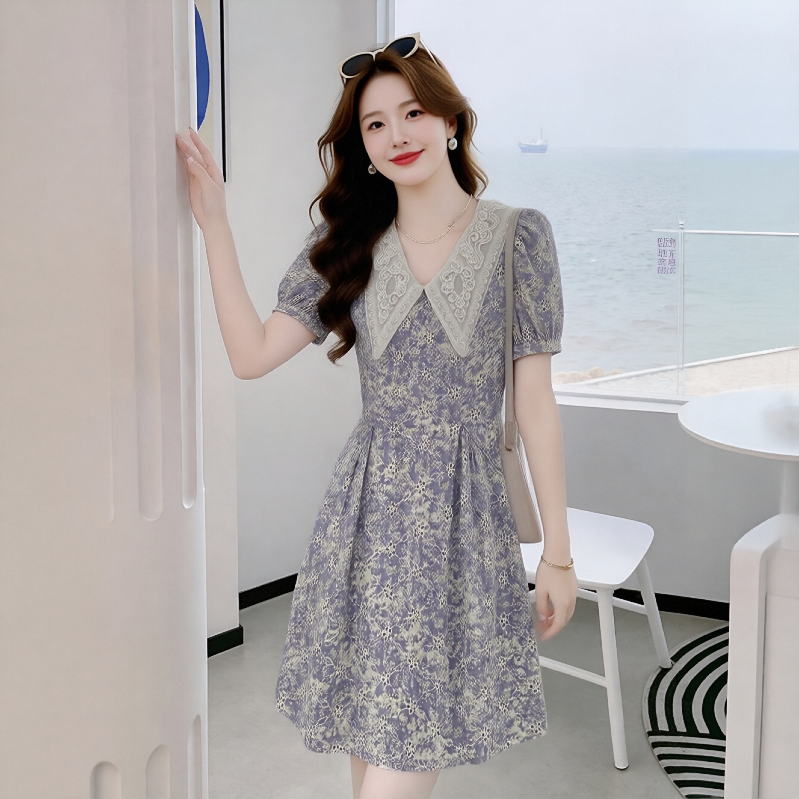 프랑스식 레트로 차 휴식 베이비 칼라 꽃무늬 드레스 아이들 허리 수축 품격 디자인 고급 센스 중간 길이 스커트 여름