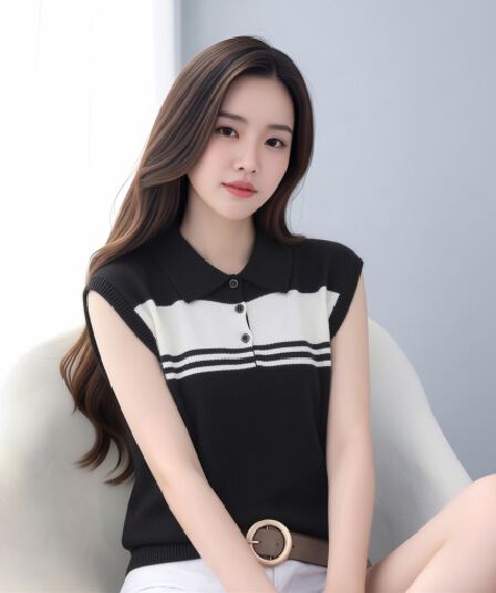 일본식 한국 스타일 루즈핏 빅 사이즈 배색 스트라이프 POLO 칼라 얼음 실크 니트 스웨터 슬림해 보이는 만나는 학원 스타일 얇은 스타일