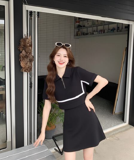 빅 사이즈 프랑스식 디자인 페이크 레이어드 polo 여성 드레스 여름 새로운 슬림해 보이는 표지 배 지방 mm 숨기기 고기 A라인 스커트