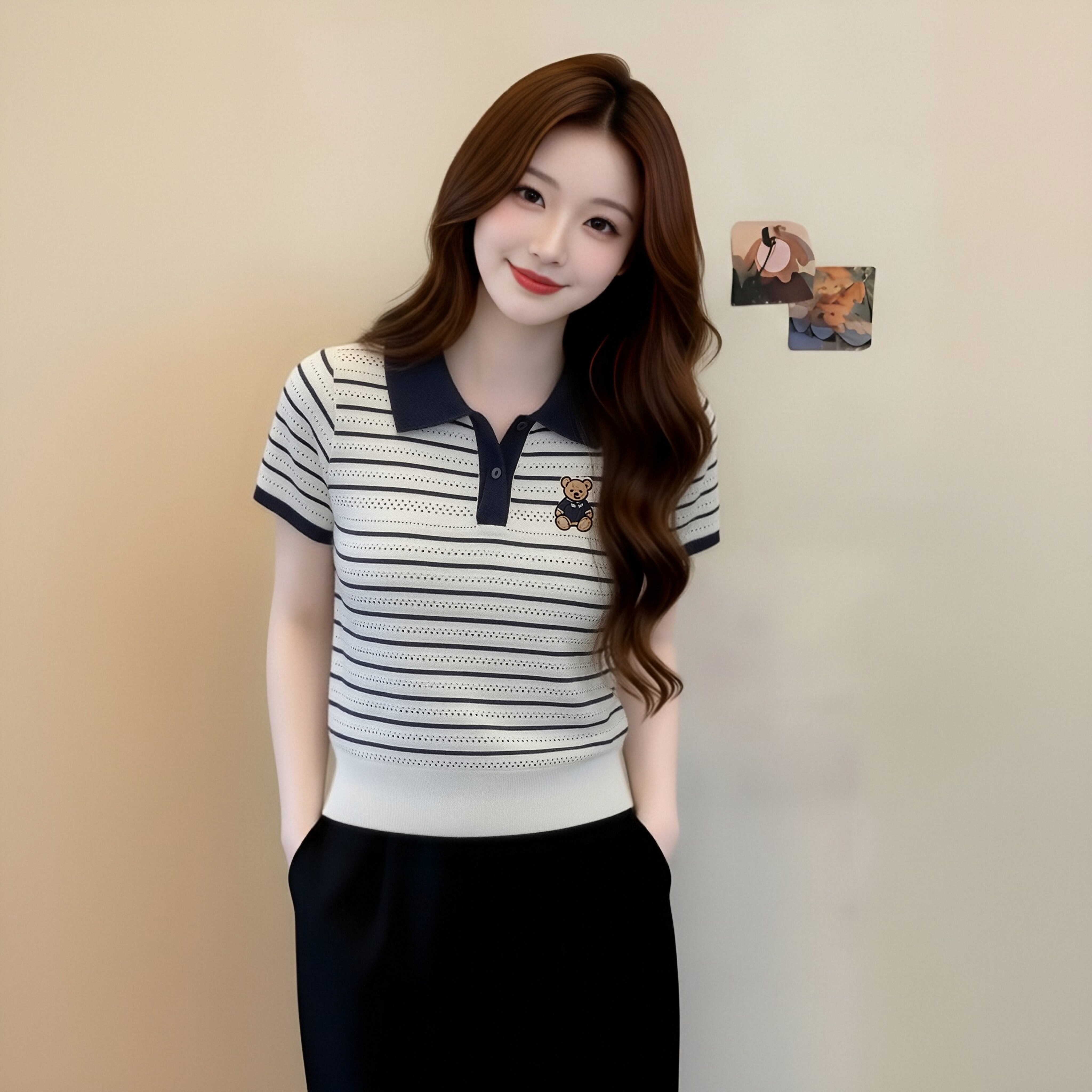 일본식 여성 의류 스트라이프 작은 곰 자수 POLO 칼라 반팔 티셔츠 여름 쇼트 스타일 얼음 실크 니트 맨위