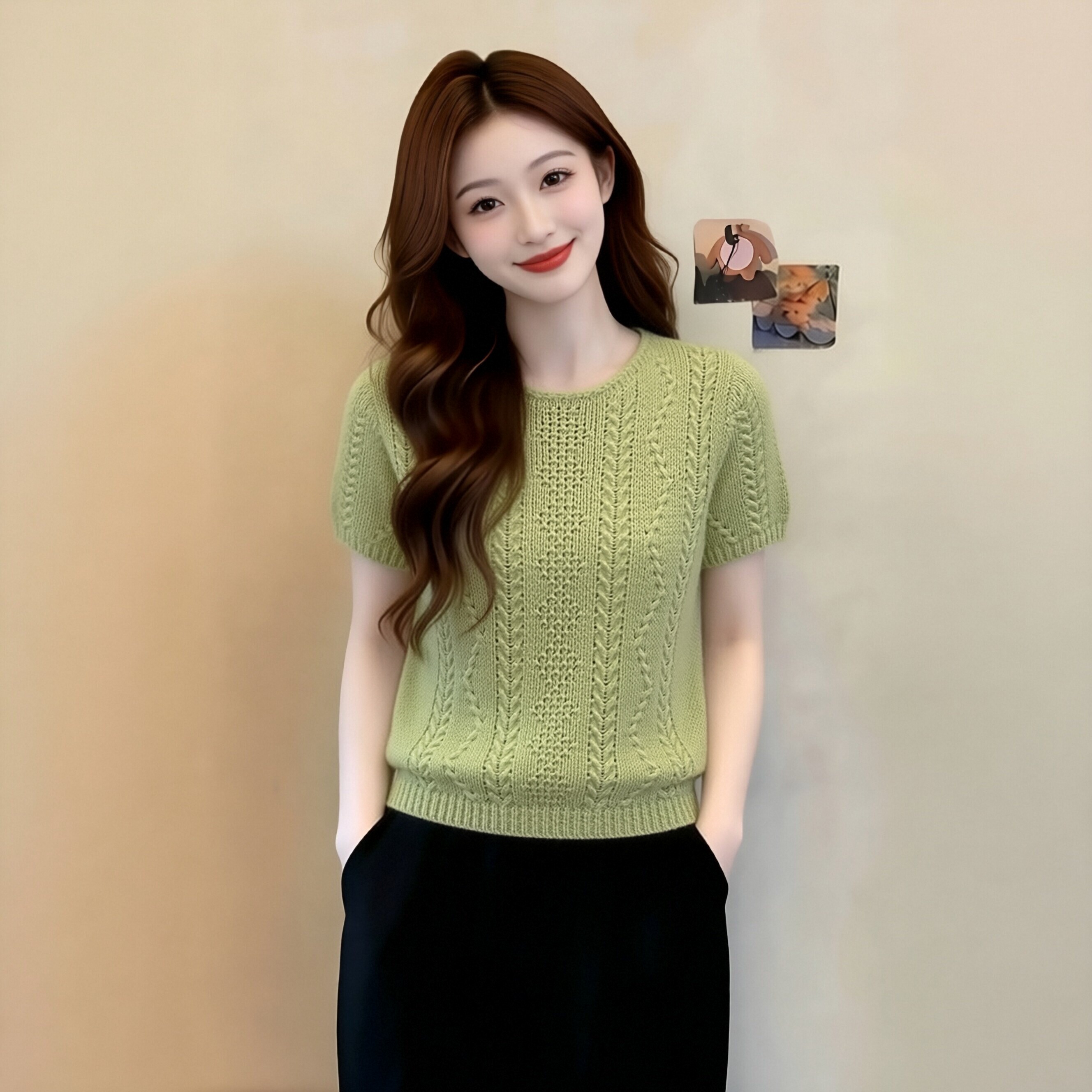 버터 과일 반팔 꽈배기 얇은 스타일 버터 과일 색상 니트 마 하이 반팔 티셔츠 얼음 실크 홀로우 아웃 학원 스타일