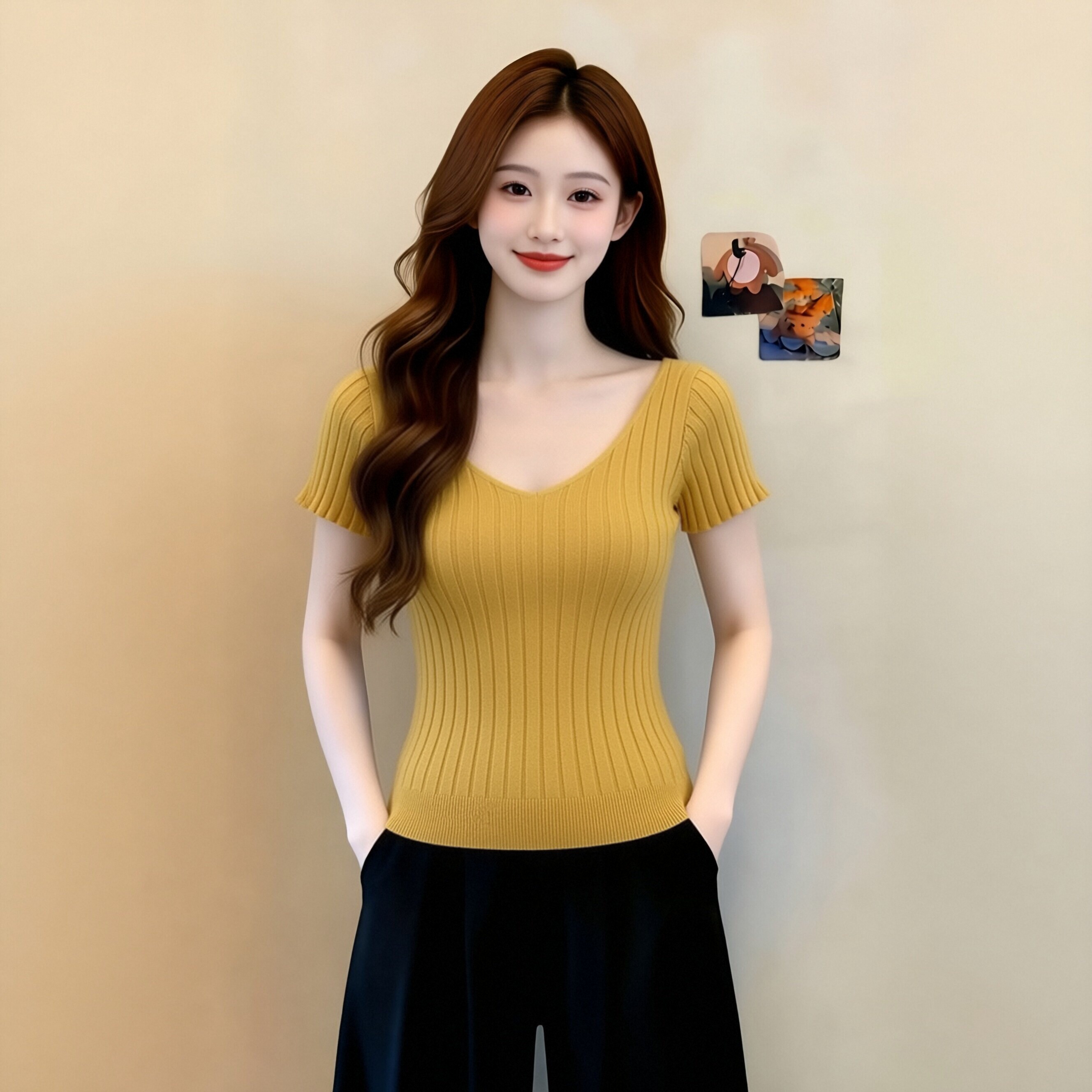 여름 V넥 황색 오프숄더 몸매 가꾸기 반팔 여성 니트 스웨터 맨위 한국 스타일 일본식 슬림해 보이는 섹시함