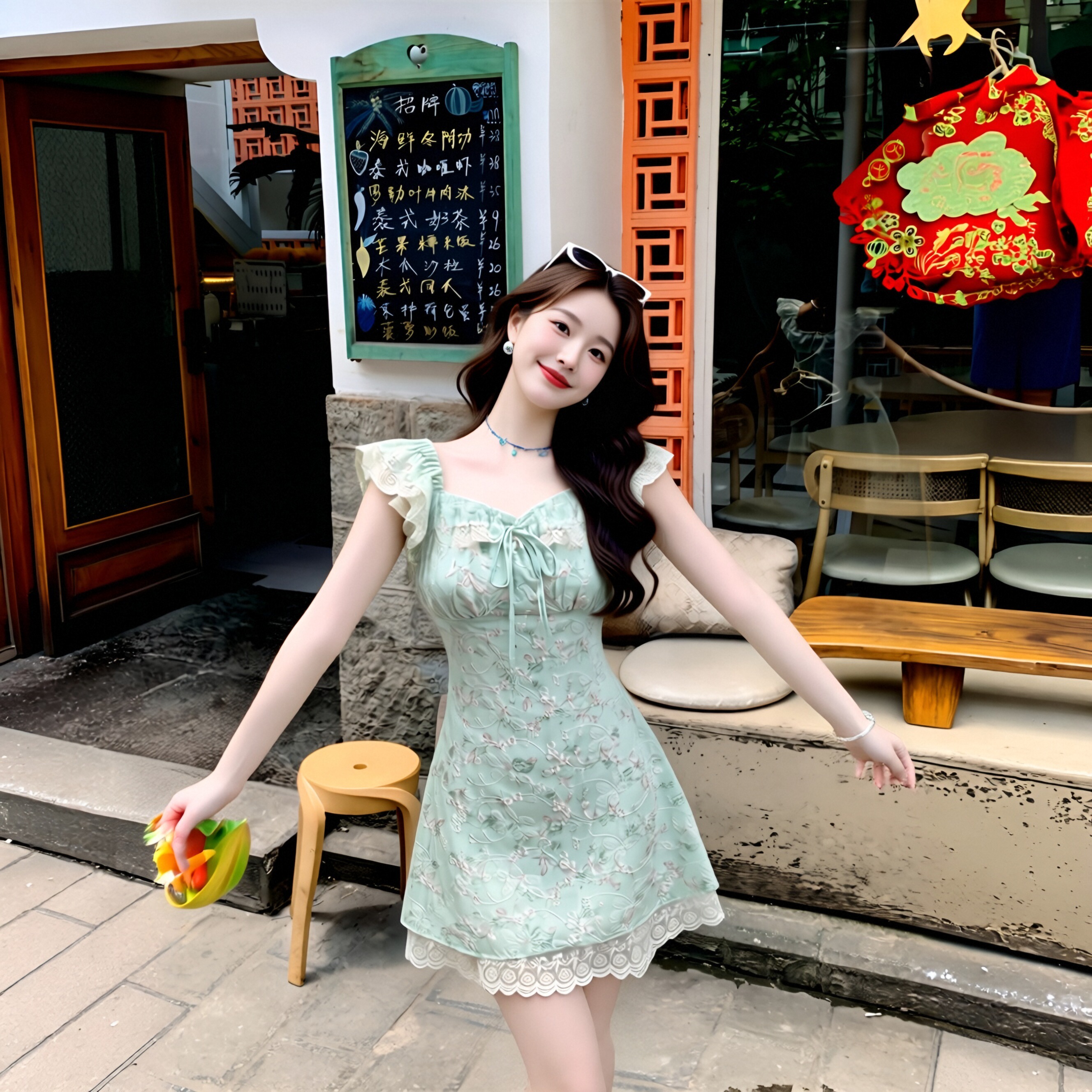 달콤함 박하 녹색 작은 날다 소매 허리 수축 퍼프 슬립 꽃무늬 여성 드레스 여름