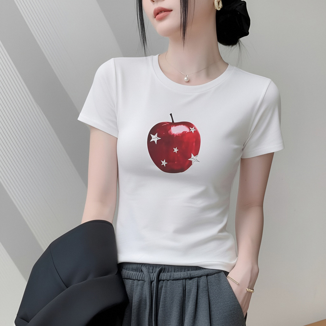 RY6361# 美式苹果印花短袖T恤女2026夏季新款白色修身显瘦休闲慵懒风上衣