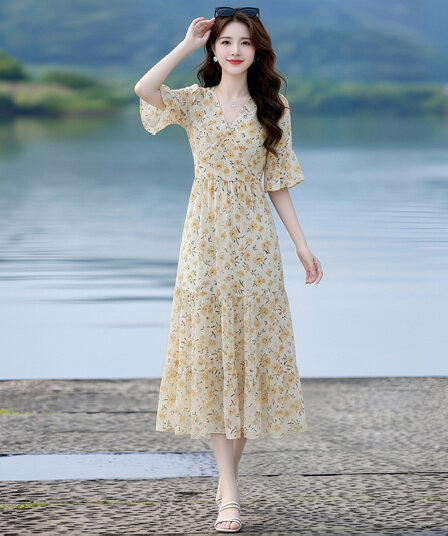 롱 코트 꽃무늬 여성 드레스 여름 새로운 V넥 품격 슬림해 보이는 요정 롱 스커트 A라인 스커트 아이들