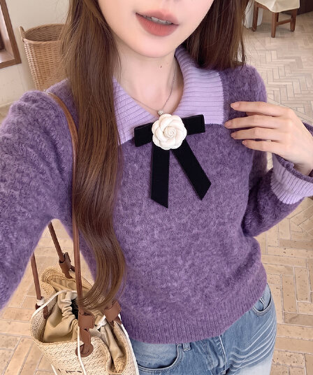 실사 연꽃 잎 소매 달콤한 스타일 베이비 칼라 나비 매듭 스웨터 여자 느긋한 바람 스피커 케이블 커프스 니트 스웨터