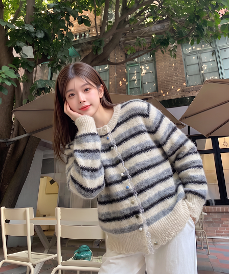 실사 한 부서 배색 스트라이프 레이스 조각 느긋한 바람 니트 오픈 가디건 스웨터 코트