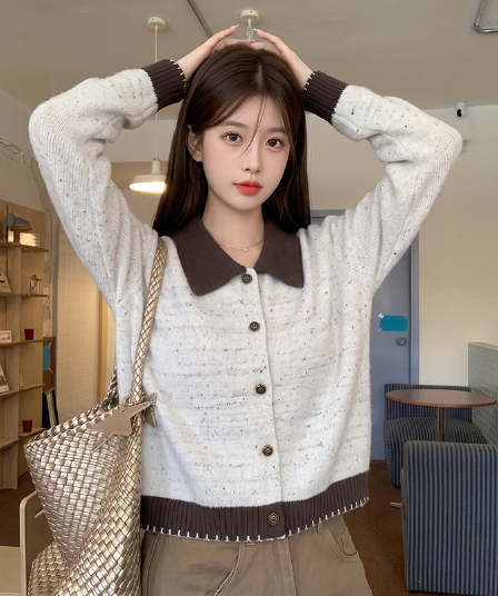 실사 살구 색상 폴로 칼라 스웨터 코트 가을 새로운 디자인 센스 배색 니트 오픈 가디건