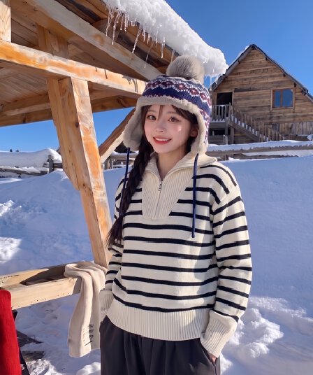 실사 한국 스타일 클래식 스트라이프 디자인 섹션 하프 지퍼 스탠드 칼라 스웨터 여자 가을 미니멀리즘 루즈핏 니트 스웨터