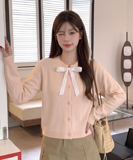 자매 바람 실사 한 부서 핑크색 니트 스웨터 나비 매듭 칼라 오픈 가디건 스웨터 여성 코트