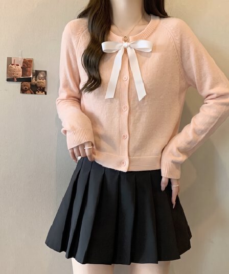 없음 머리 바람 실사 한 부서 핑크색 니트 스웨터 나비 매듭 칼라 오픈 가디건 스웨터 여성 코트