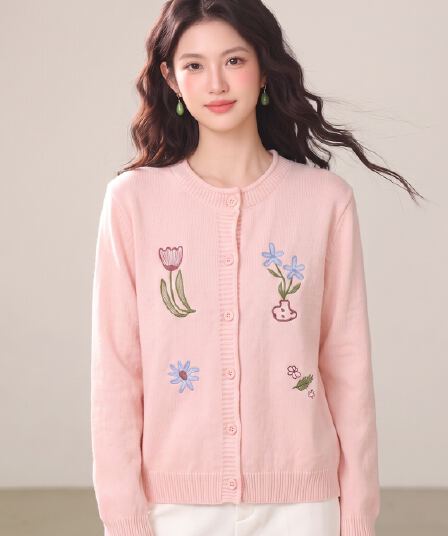 부드러운 바람 실사 달콤함 자수 작은 꽃 니트 스웨터 오픈 가디건 여성 가을 겨울철 패션 다용도 맨위