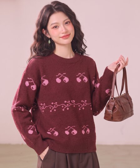 부드러운 바람 실사 레트로 3 차원 체리 자카드 부드러운 찹쌀 라운드 넥 보온 스웨터 여자