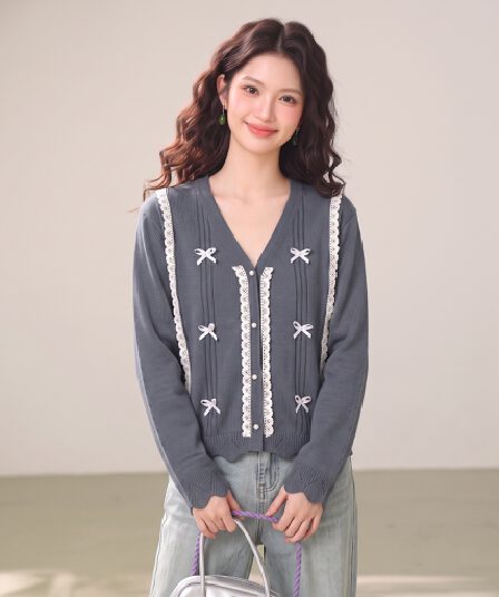 부드러운 바람 실사 한 부서 니트 오픈 가디건 여성 가을 겨울 레이스 나비 매듭 레이스 부드러운 찹쌀 스웨터 슬림해 보이는 맨위