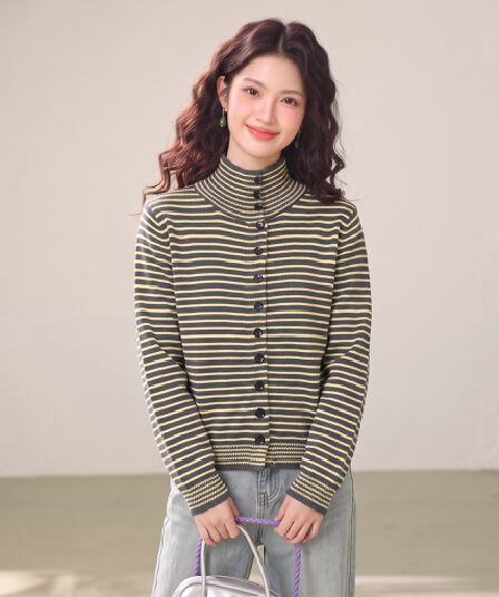 부드러운 바람 실사 스트라이프 니트 오픈 가디건 여성 가을 겨울 새로운 싱글 줄 버튼 루즈핏 출퇴근 스웨터 고급 센스