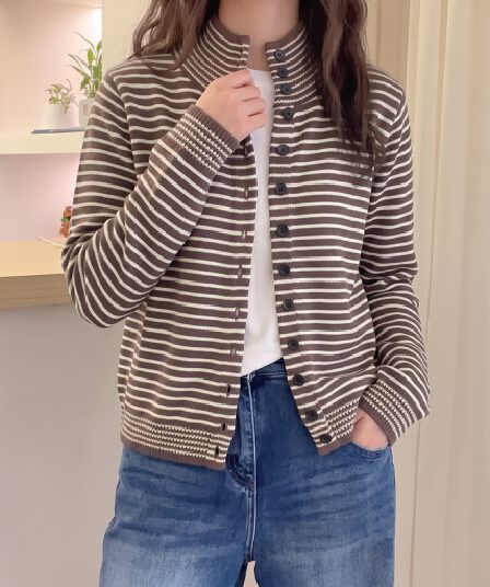 소파 바람 실사 스트라이프 니트 오픈 가디건 여성 가을 겨울 새로운 싱글 줄 버튼 루즈핏 출퇴근 스웨터 고급 센스
