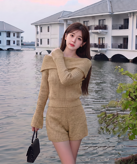 자매 바람 실사 레트로 품격 다용도 미니멀리즘 보트넥 오프숄더 부주의 한 니트 스웨터 맨위 세트 여성 의류