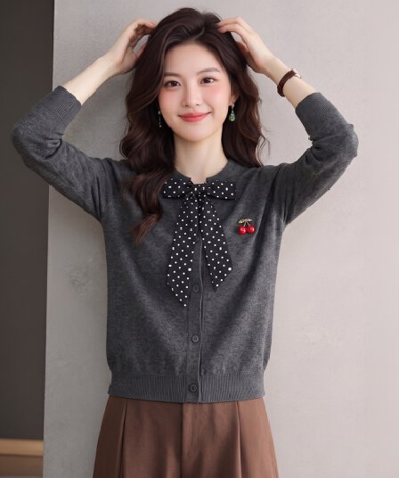 부드러운 바람 실사 외국 가스 연령 감소 도트 무늬 넥타이 라운드 넥 니트 오픈 가디건 여성 스웨터 코트 맨위