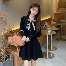 批发学姐风实拍蝴蝶结针织<b class='q'>连衣裙</b>女法式气质坑条收腰短款A字裙子