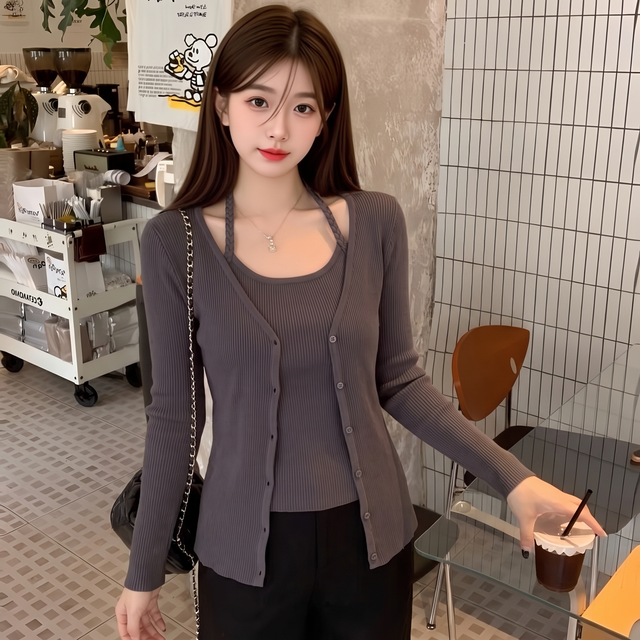 BY33718# 学姐风一整套毛衣开衫外套挂脖吊带两件套装  服裝批發女裝批發服飾貨源