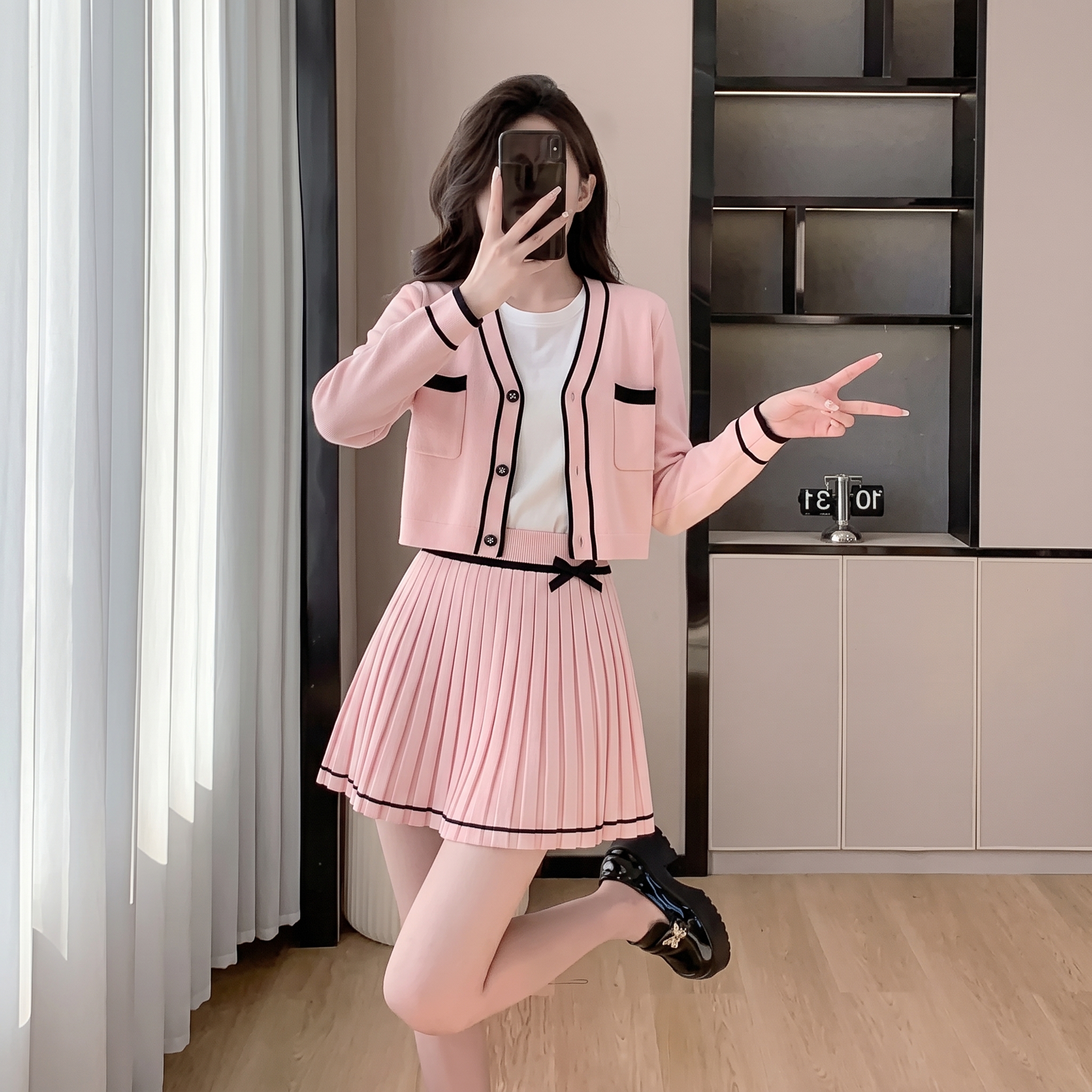 温柔风巨好看学院风针织开衫百褶裙女小个子减龄时尚套装 服裝批發女裝批發服飾貨源