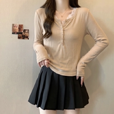 批发无头风实拍天丝<b class='q'>亚麻</b>蕾丝假两件v领T恤女秋纯欲显瘦打底长袖上衣