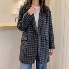 批发无头风实拍秋冬装高端格子毛呢外套女小个子气质赫本风呢子大衣